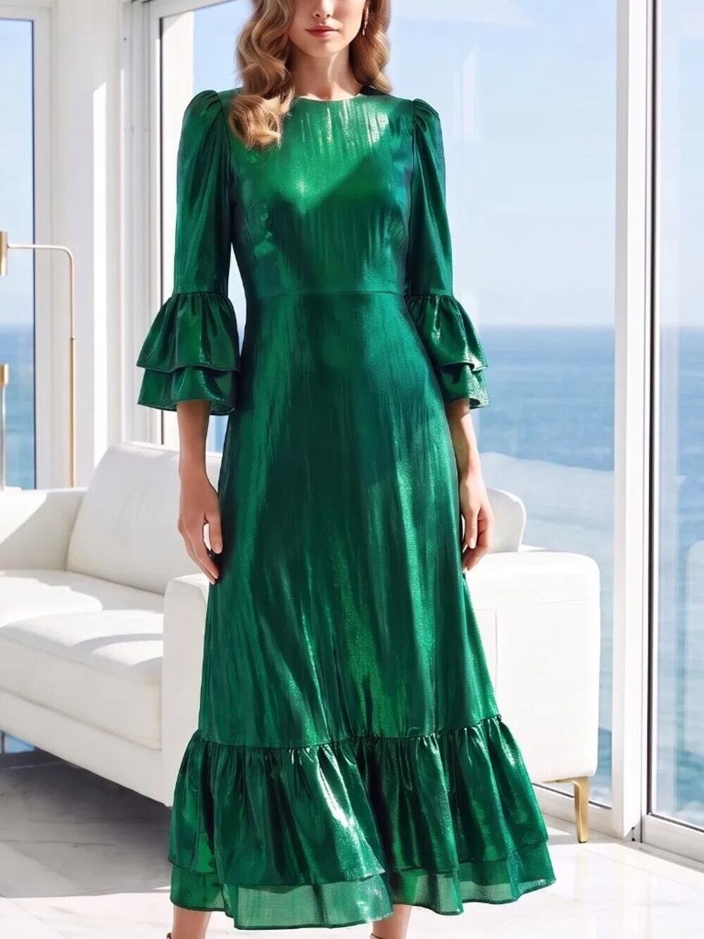 TUCKERNUCK Pomander Place Lillith Ruffle Midi Cocktail Dress Lurex Emerald NWT L